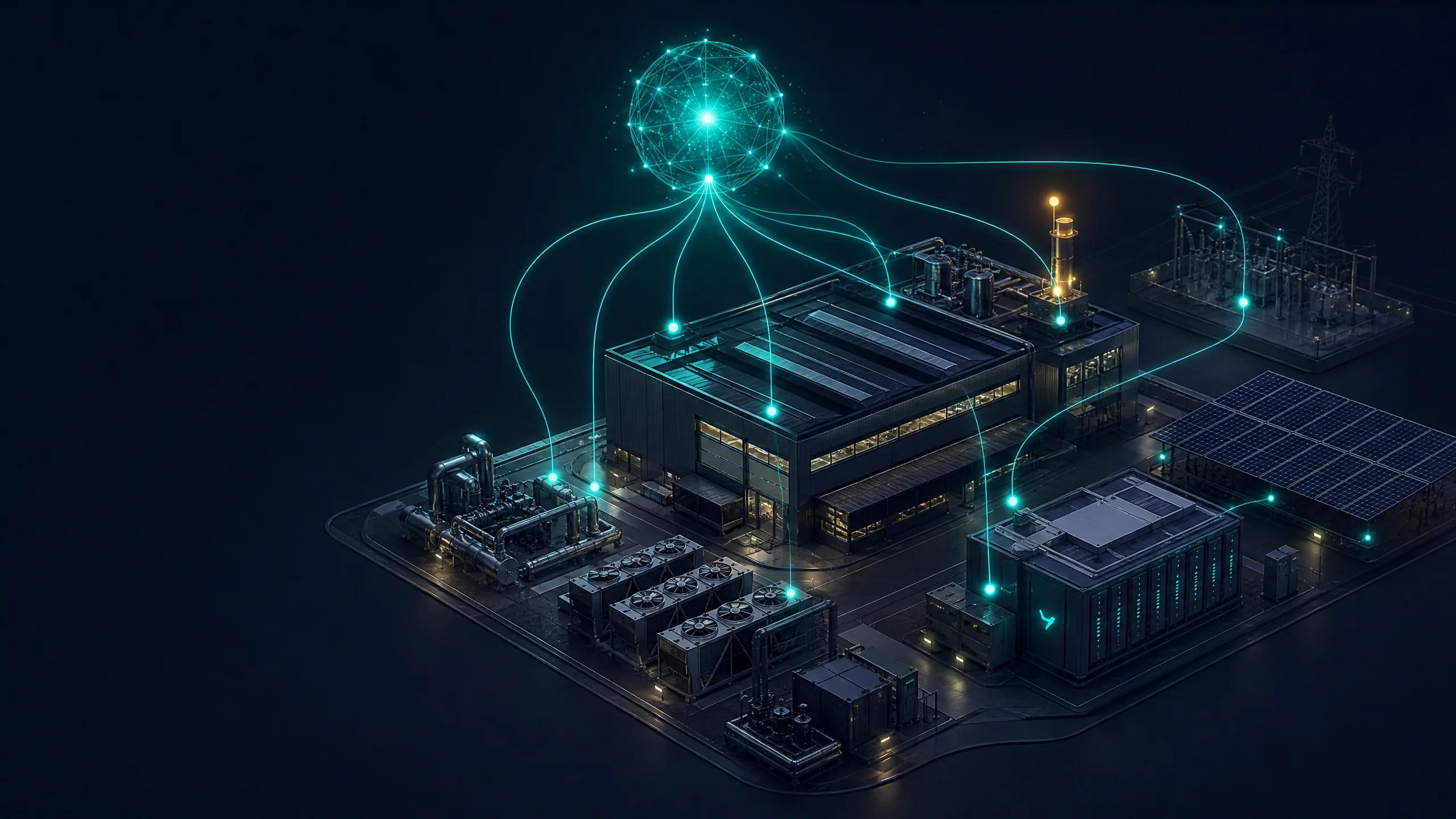 Isometric night view of an industrial plant, with HVAC, solar and substation connected by teal data lines to a central glowing AI hub